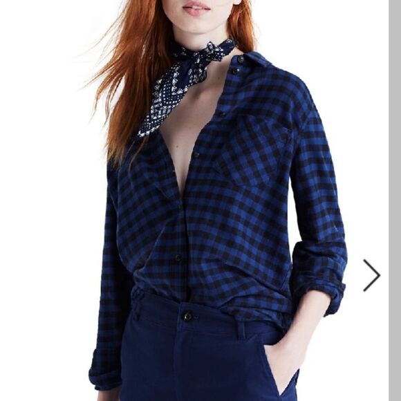 Madewell Blue Plaid Flannel Slim Boyfriend Shirt size XS - Picture 1 of 9